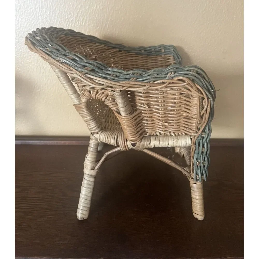 Vtg Beige Rattan Wicker Doll Rocker Cottage Style American‎ Girl Size Boho Decor